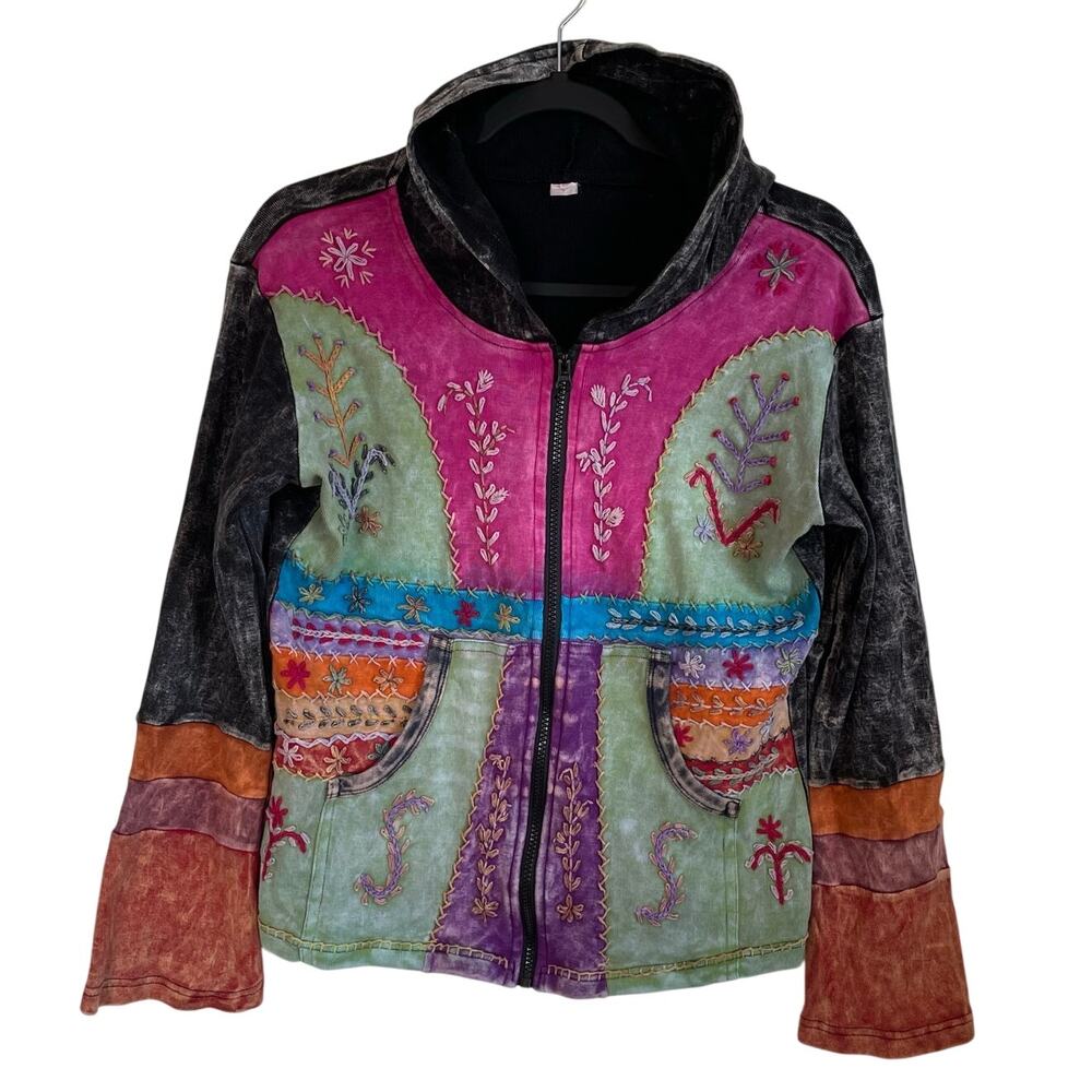 Boho Embroidered Patchwork Hooded Zip Jacket Sz M Festival Hippie